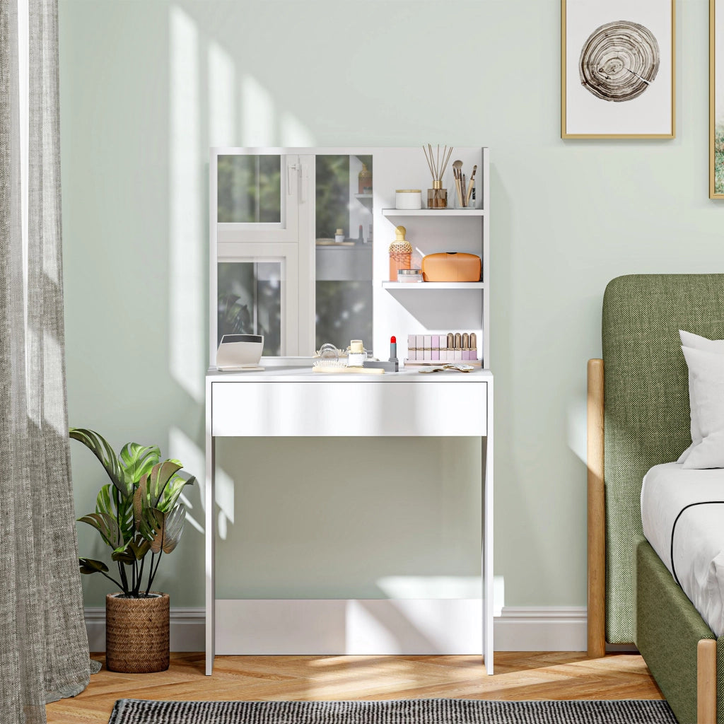 Scrivania da trucco con specchio, cassetti e ripiani aperti ¨C zephmum ¨C Bianco