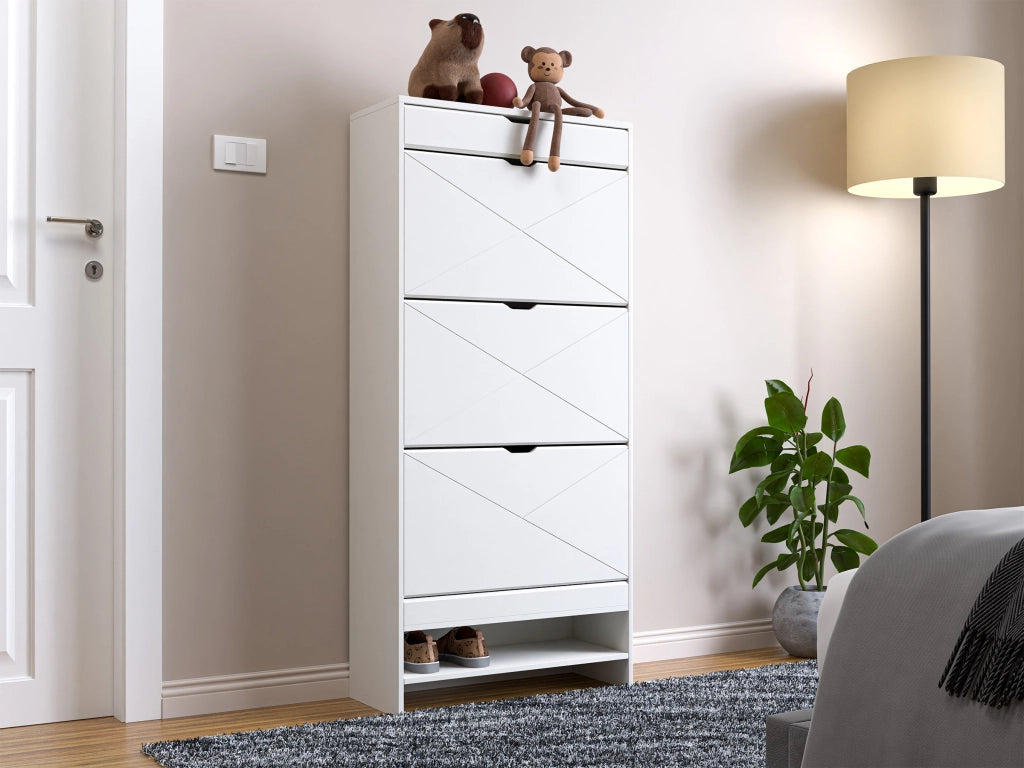 Scarpiera con 3 ribalte e cassetto superiore, in MDF bianco, 2 livelli con ripiano estraibile