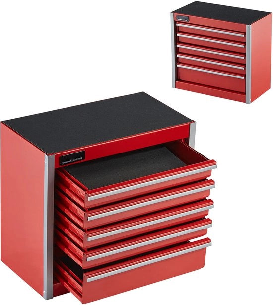 Cassa da lavoro metallica - 8,6 pollici, Portatile, con 5 carrello, Acciaio robusto, Materiale EVA interno, Piedini in PP, Apertura a sfera, Verniciatura a polvere, Rosso