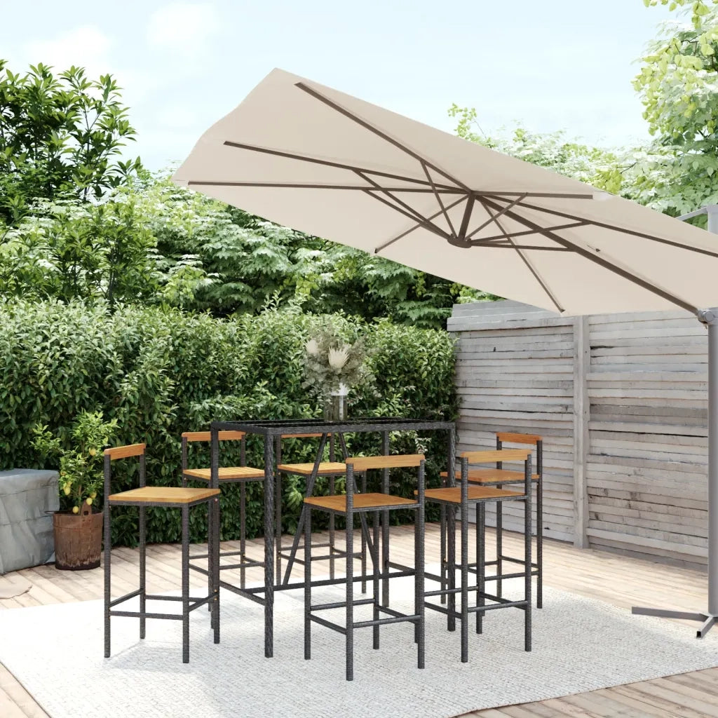 Set Bar Giardino 7 pz Nero Polyrattan e Legno Massello Acacia 3187694