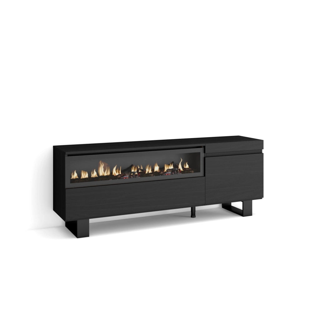 Mobile TV Soggiorno, 150x35x57cm, Per TV fino a 65", Camino elettrico, Design industriale, Nero RF2479