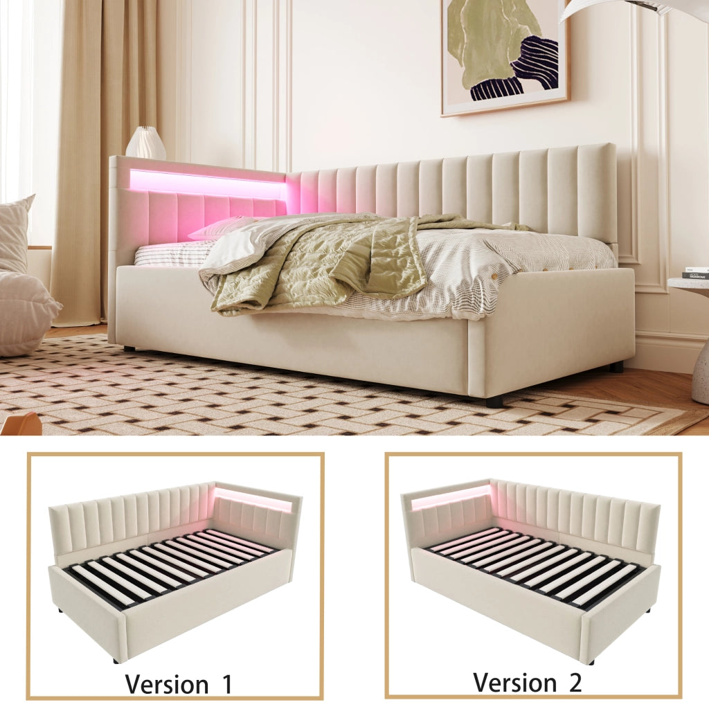 Letto imbottito singolo 90×200 cm con LED; contenitore idraulico; rete a doghe e testiera reversibile; senza materasso; beige