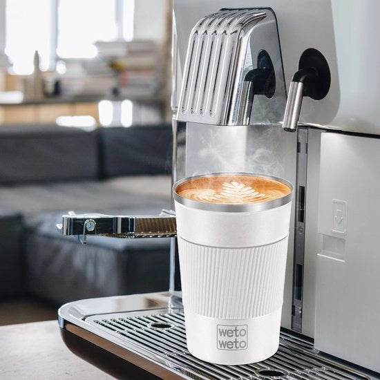 Moka per viaggio da 350 ml, tazza isolata riutilizzabile con coperchio ermetico, tazza per viaggio in acciaio inossidabile per caffè caldo e acqua fredda (bianca)