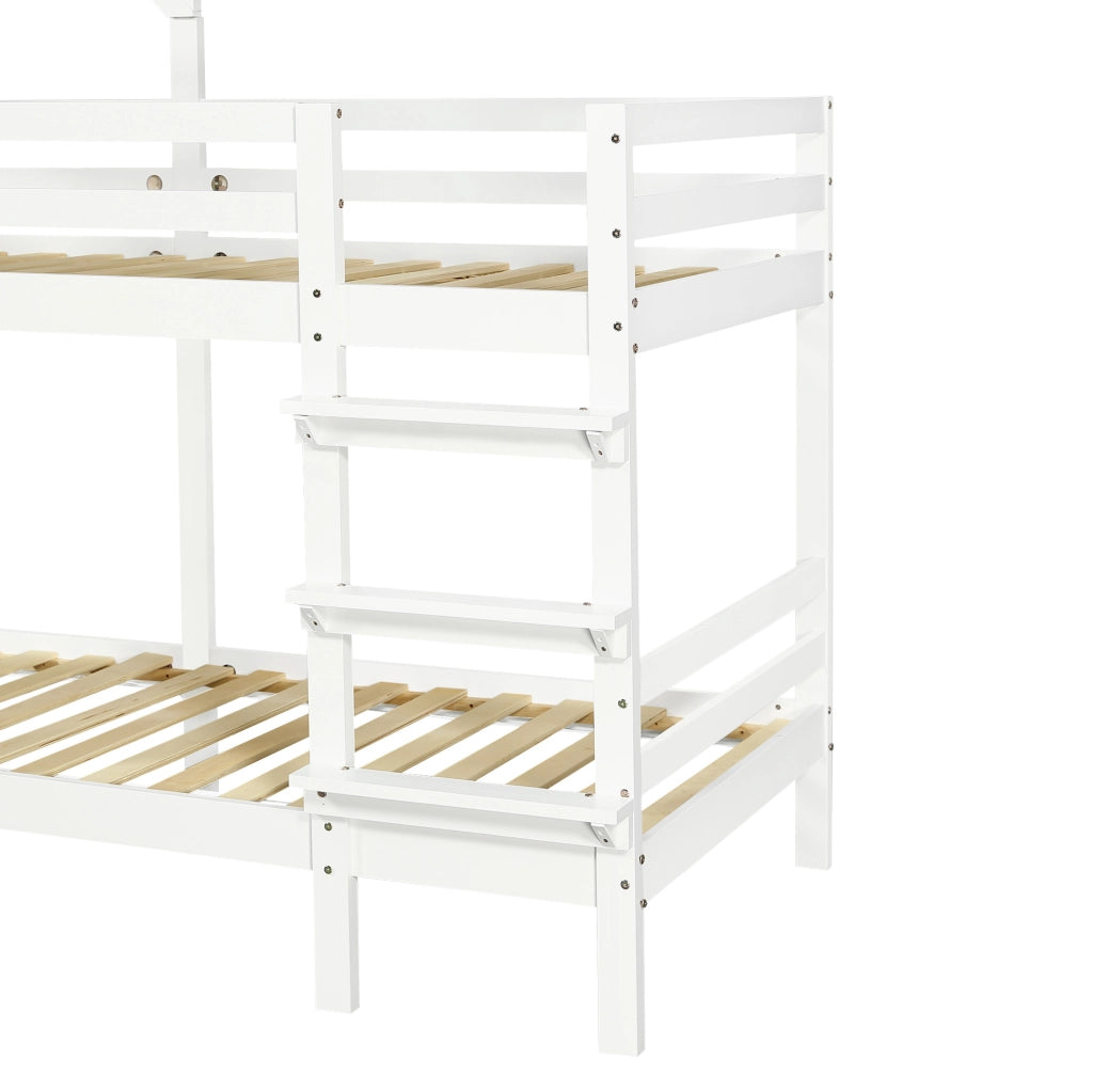 Letto a castello per bambini 90x200 cm bianco con finestre; tetto; scala dritta e sponde laterali