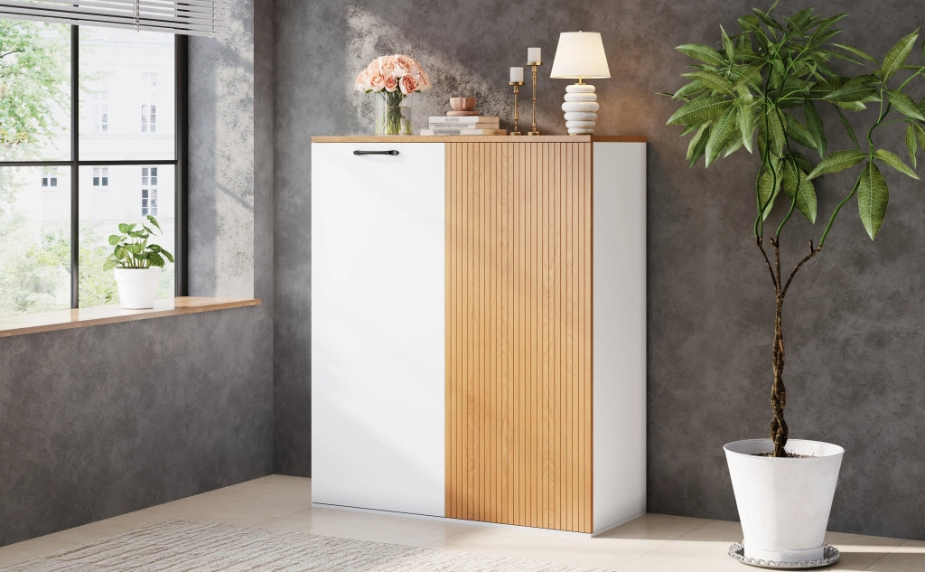 Highboard 80x40x110 cm in MDF bianco e rovere, mobile contenitore moderno per ufficio