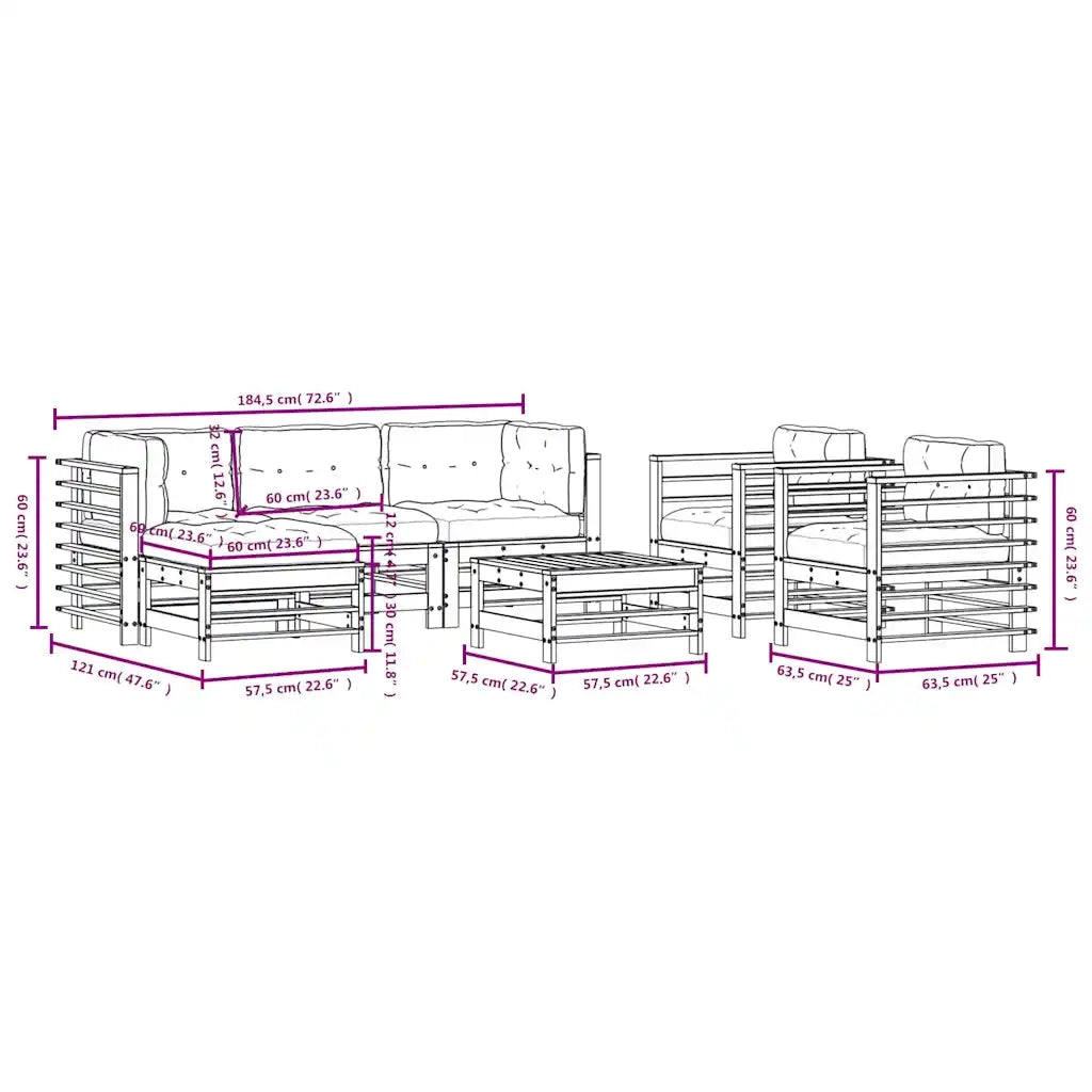 Set Divani da Giardino 7pz con Cuscini in Legno Massello Grigio