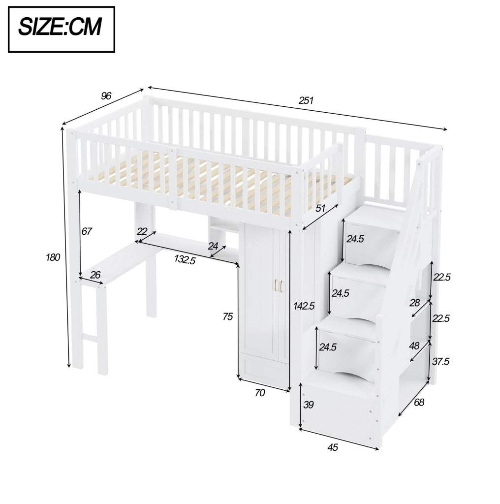 Letto a soppalco ULEVR 90x200 cm con armadio, scrivania, scaffale e scala con cassetti, bianco