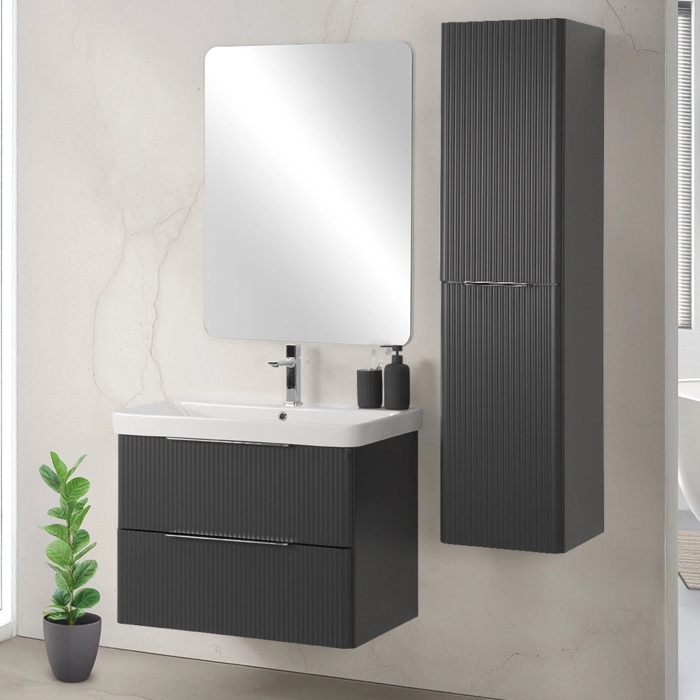 Mobile bagno sospeso 80cm antracite cannettato con cassetti, specchio e lavabo Mia