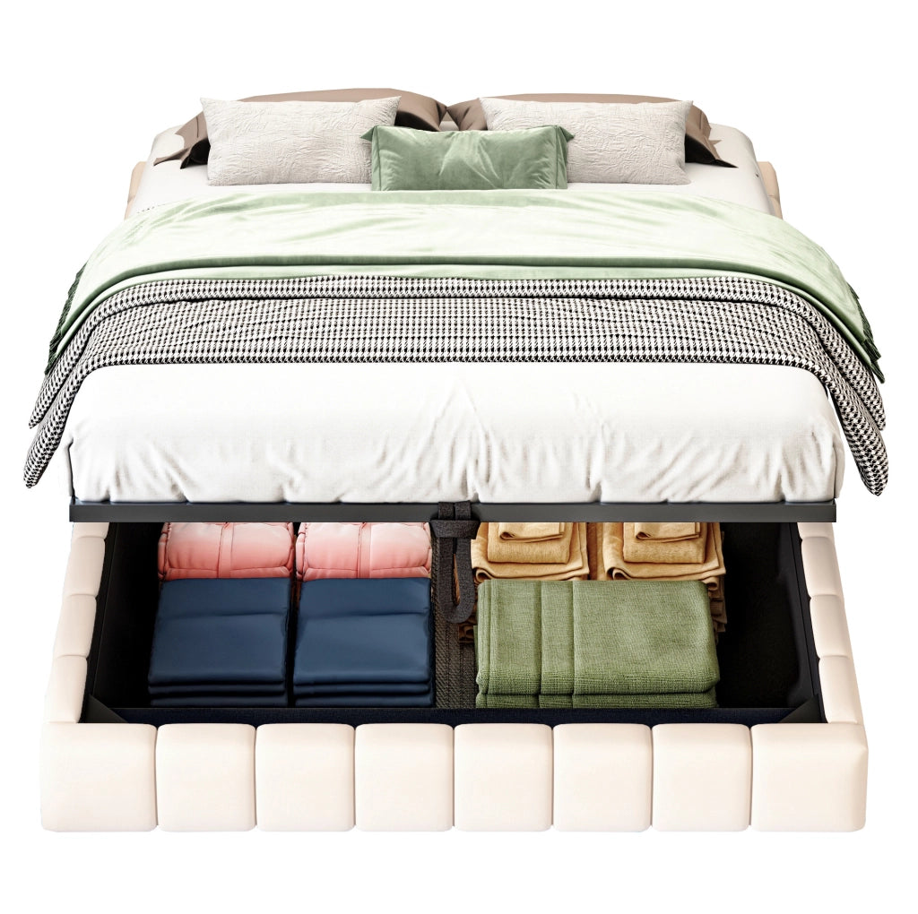 Letto matrimoniale imbottito flottante 140x200 cm con contenitore; LED; beige