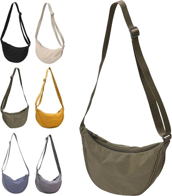 Borsa da spalla per donne - verde oliva - verde - borsa con mezzaluna, nylon, borsa da spalla, borsa da trasporto, borsa da spalla stile, borsa da spalla per donne, cinturino ampio e stretto