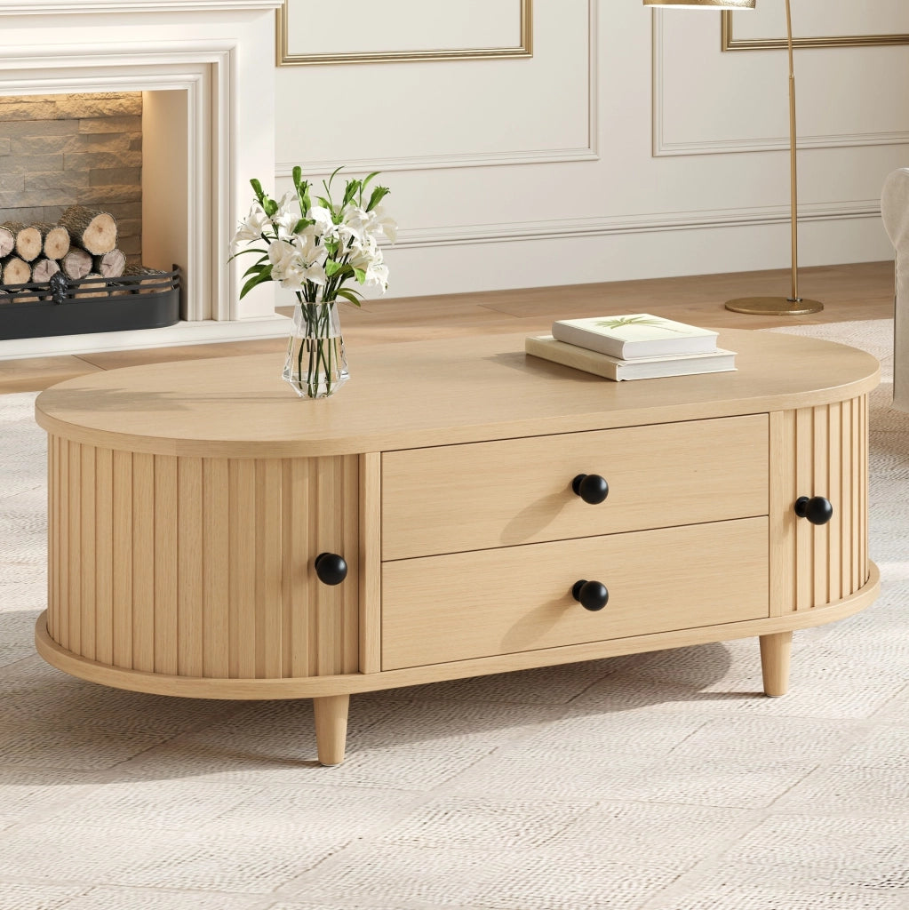 Tavolino da salotto 100x50x36 cm con ante scorrevoli e 2 cassetti in MDF naturale