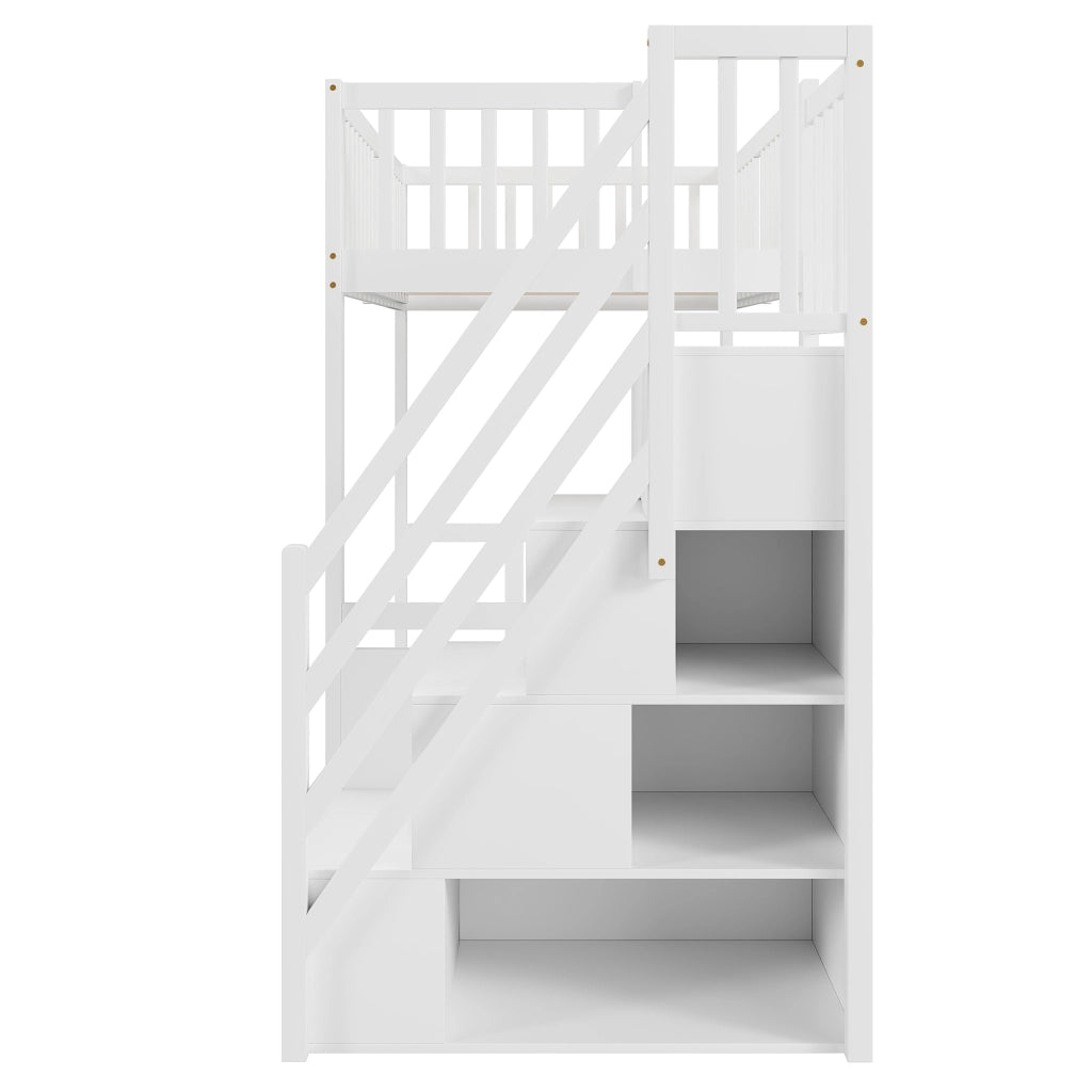 Letto a Soppalco Singolo con Scala Contenitore e Scrivania 90×200 cm; senza Materasso; in Legno; Bianco