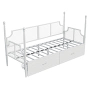 Letto singolo 90×200 cm con cassetti; testiera e braccioli vintage; senza materasso; metallo; bianco