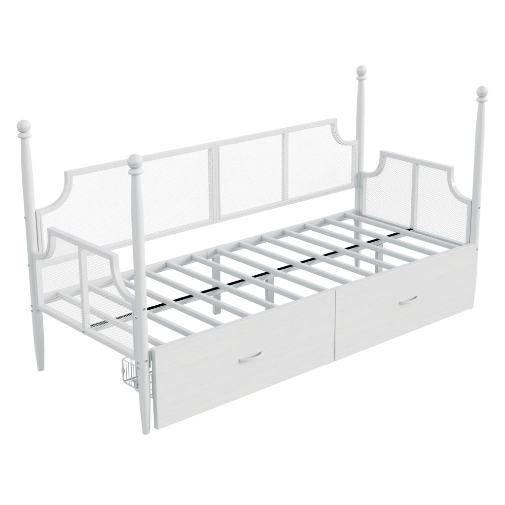 Letto singolo 90×200 cm con cassetti; testiera e braccioli vintage; senza materasso; metallo; bianco