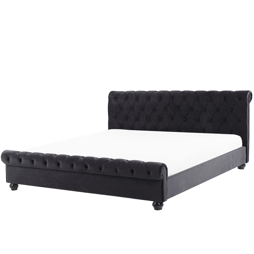 Letto ad acqua 140 x 200 cm in velluto nero con testiera trapuntata glamour