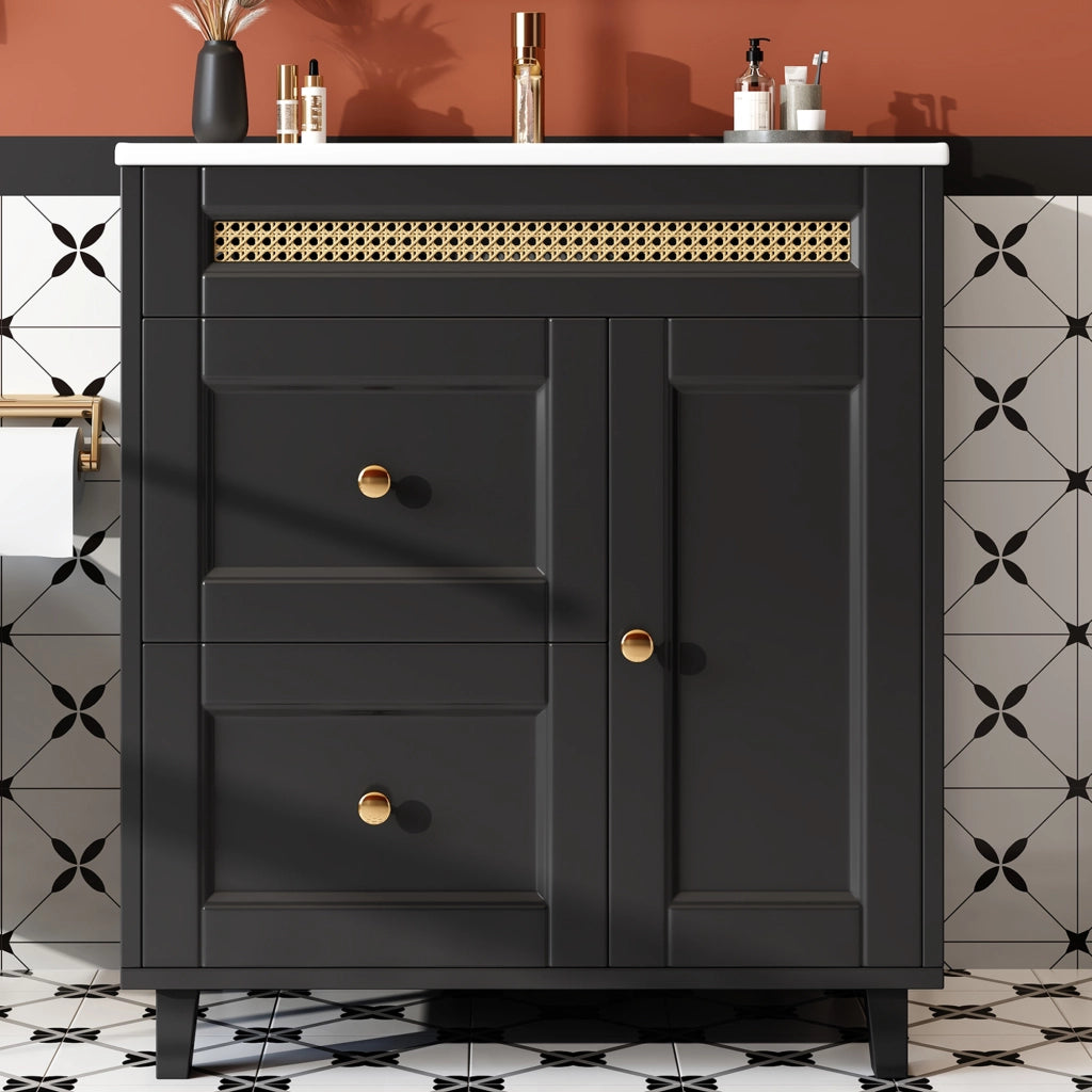 Mobile sottolavabo da bagno con lavabo in ceramica, 2 cassetti e ante, gambe in legno, nero 76 × 46 × 86,5 cm