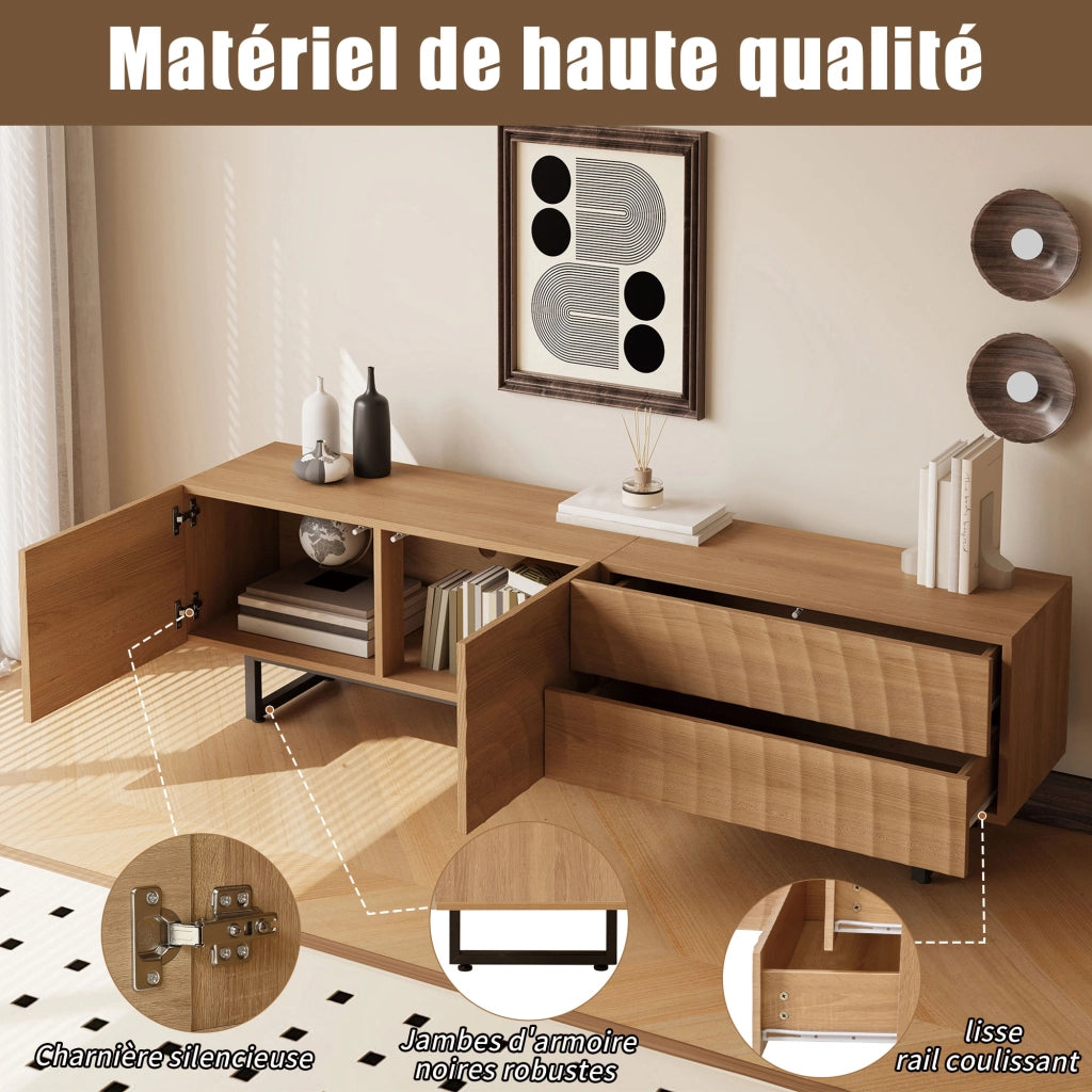 OKWISH Mobile TV con 2 Ante e 2 Cassetti, Passacavi, Stile Scandinavo, per Soggiorno, in Pannello di Particelle, 180 x 38 x 51.5 cm, Naturale