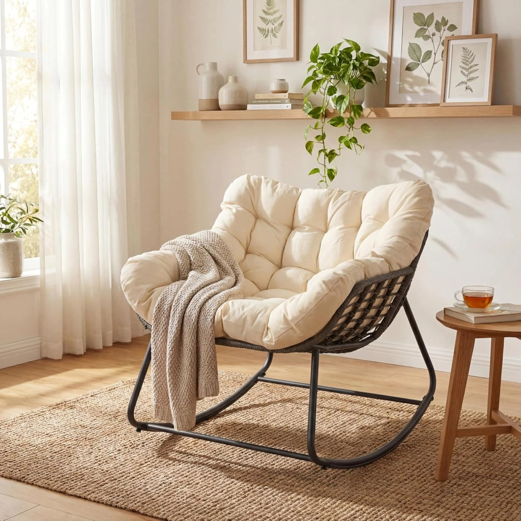 Sedia a Dondolo da Esterno e Interno, Poltrona Relax da Giardino in Rattan PE, con Cuscino Imbottito, Sedile Ampio e Antiribaltamento, per Salotto, Balcone, Terrazza, Portata 150 kg, Beige
