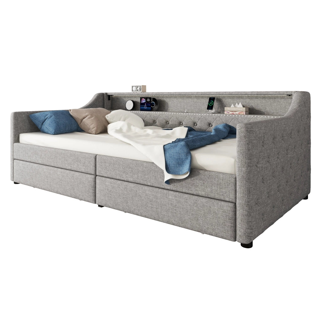 Letto divano singolo 90 × 200 cm con 2 cassetti; USB e LED regolabile; senza materasso; in lino; grigio