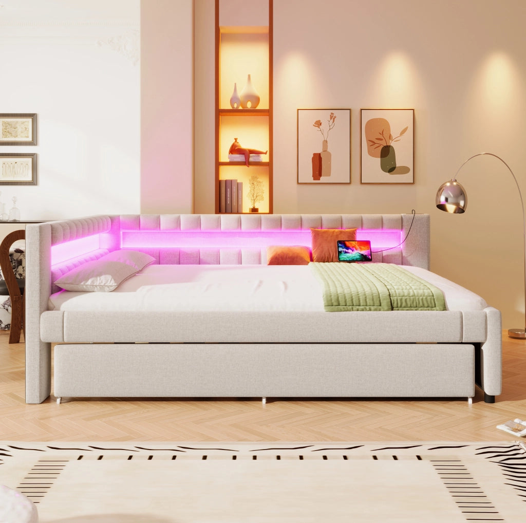 Letto 140x200 cm con LED e letto estraibile; USB e Type-C in lino beige
