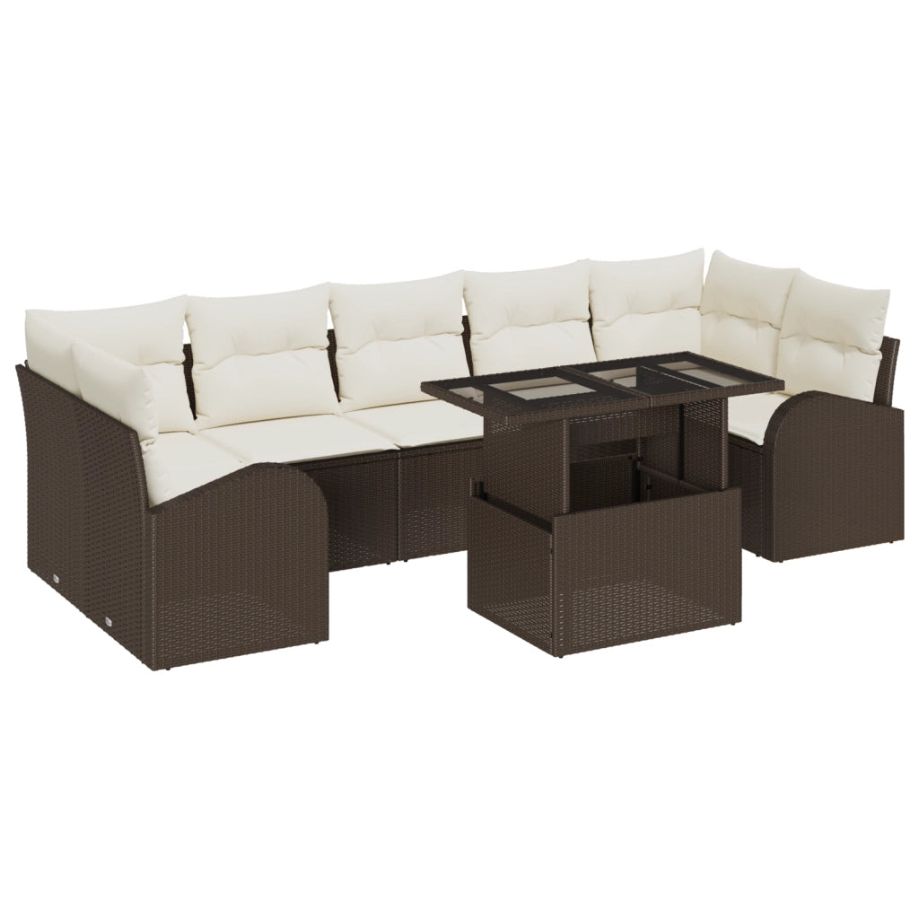 Set Divano da Giardino da 8 Pezzi con Cuscini Marrone Polirattan