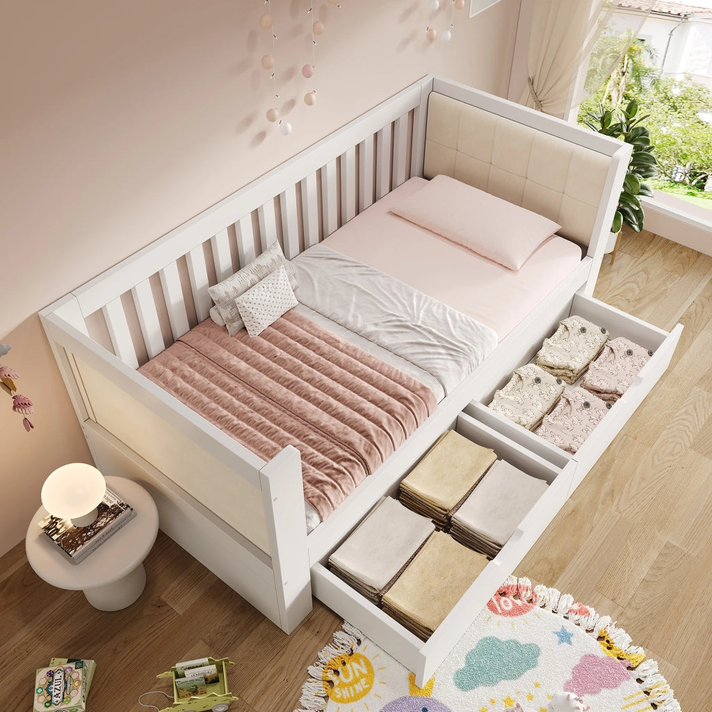 Letto divano 90 × 200 cm con 2 cassetti, schienale a tre lati, senza materasso, in legno massello, bianco