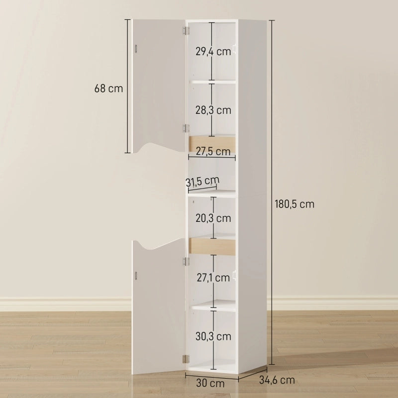 Colonna bagno salvaspazio con 2 ante e 2 vani aperti, ripiani regolabili, bianco, 30x34,6x180,5 cm