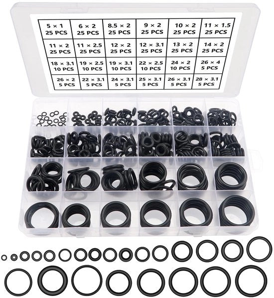 Assortimento di O-ringen in Nitrile - 385 pezzi - Nero - Resistente al calore fino a 120 ℃ - Per uso su Tappi e Lavastoviglie - Facile da Organizzare - O-ringen di Drenaggio