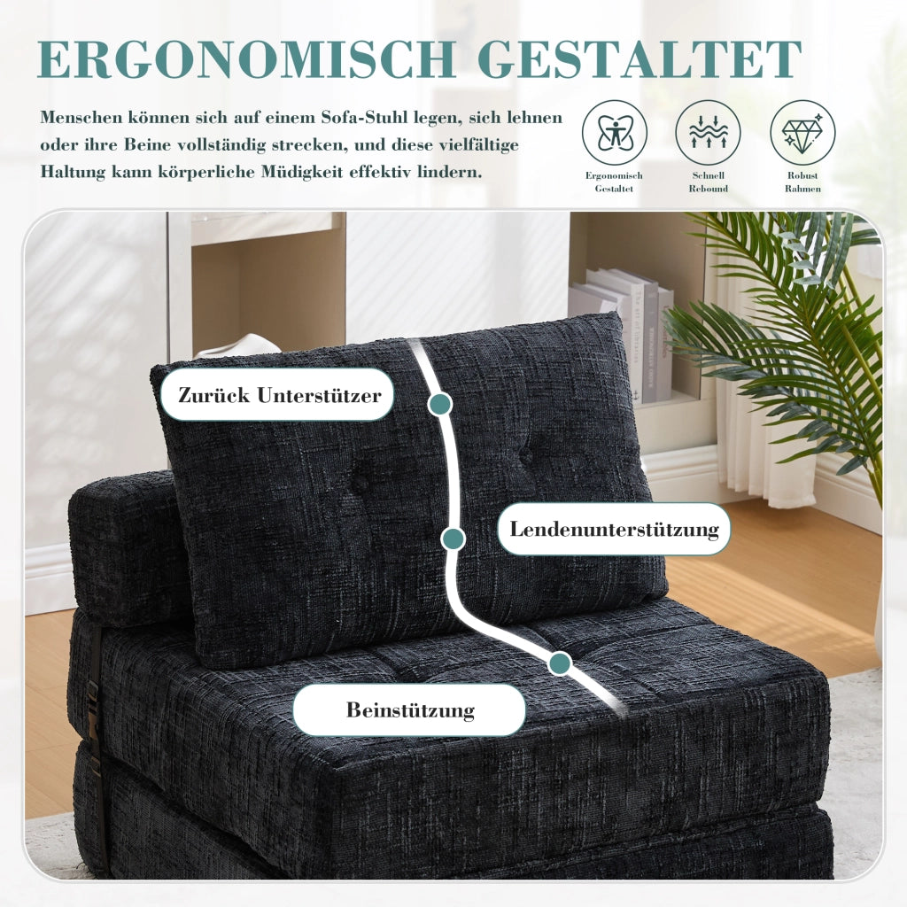 DIVANO LETTO Pieghevole 79x180x18 cm Chenille Nero con cuscini