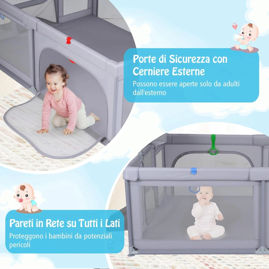 Box Neonati 210 x 150 cm, Recinto Bambini Pieghevole con Canestro da Basket e 2 Porte da Calcio, Parco Giochi con 50 Palline, 4 Anelli e Borsa Trasporto, per Bambini 0-3 Anni (Grigio)