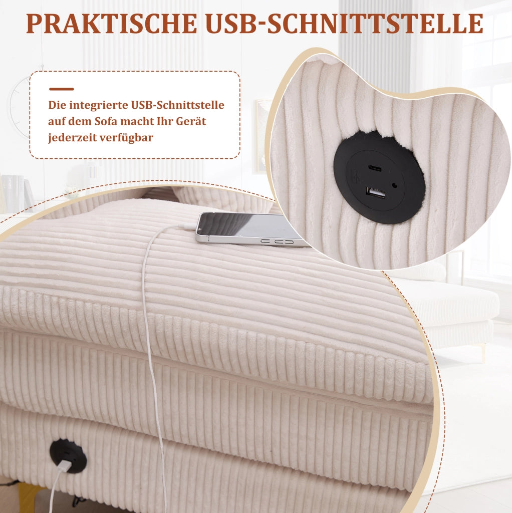 Divano a U in velluto beige con LED e porta USB