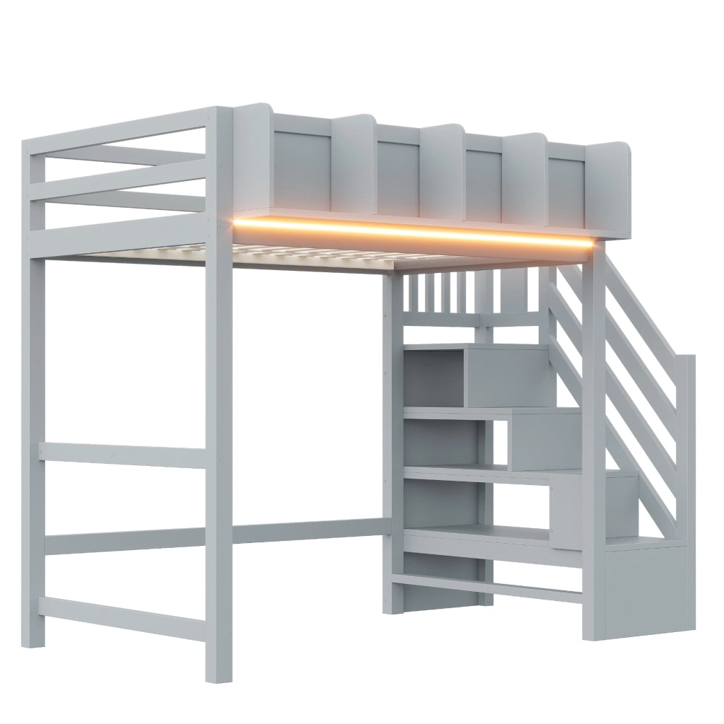 Letto a soppalco 90×200 cm con sponda di sicurezza; ripiani; LED; scala con spazio; senza materasso in legno grigio