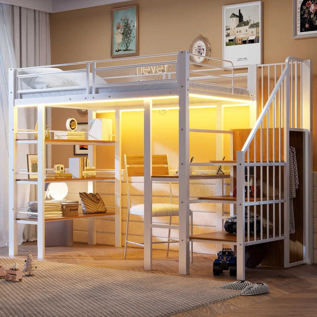 Letto a soppalco 90x200 cm con scrivania, LED e presa in metallo bianco