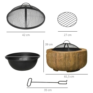 Braciere da esterno a forma di ceppo con coperchio e attizzatoio, struttura in metallo, Ø61,5 x 39 cm, marrone