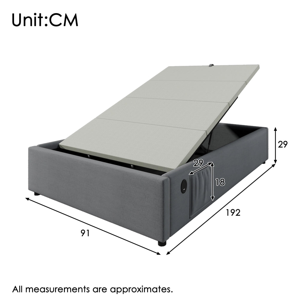 Letto contenitore singolo ULEVR 90x190 cm con sollevamento idraulico, USB e Type-C, rivestimento grigio