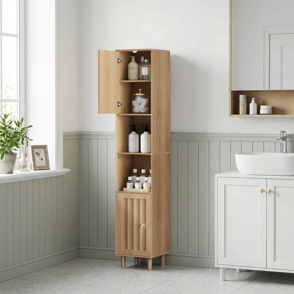 Mobile alto da bagno in stile Mid-Century, con ante a doppia porta e ripiani aperti, 32 x 30 x 169 cm, finitura effetto rovere