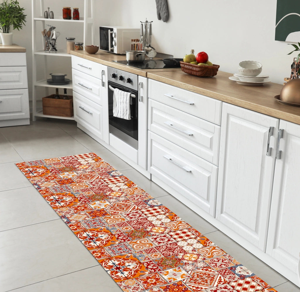 Tappeto passatoia fantasia made in Italy antiscivolo lavabile aderente Fantasia Maiolica , Piastrelle Arancio - 50x200cm