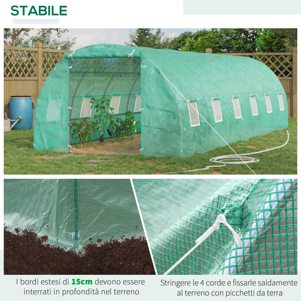 Serra a Tunnel per Giardino 8x3x2m ¨C Xylo ¨C Struttura Acciaio, Copertura PE Verde, 12 Finestre, 4 Rinforzi