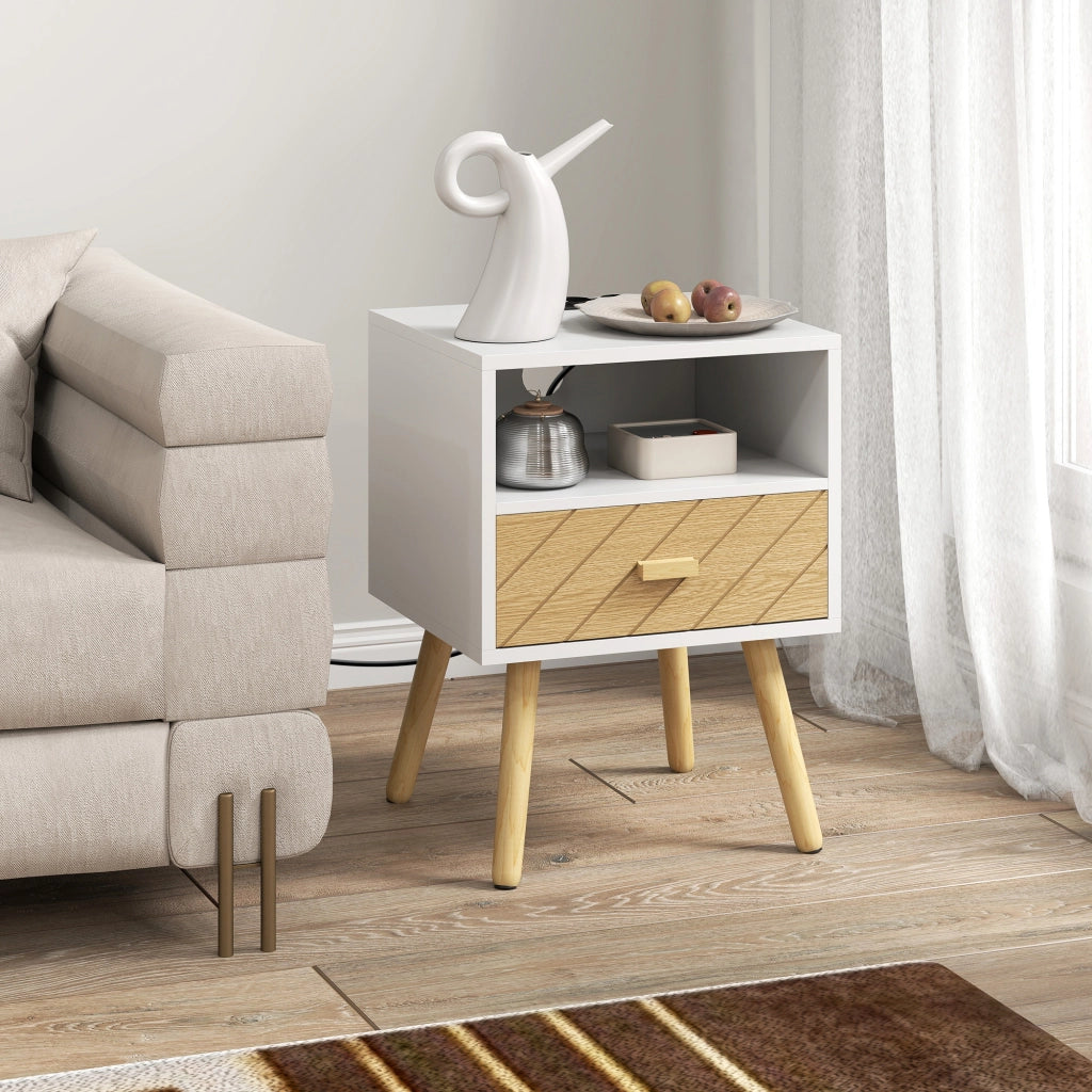 Comodino con stazione di ricarica ¨C Xylo ¨C 2 prese AC, USB-C, cassetto, legno bianco