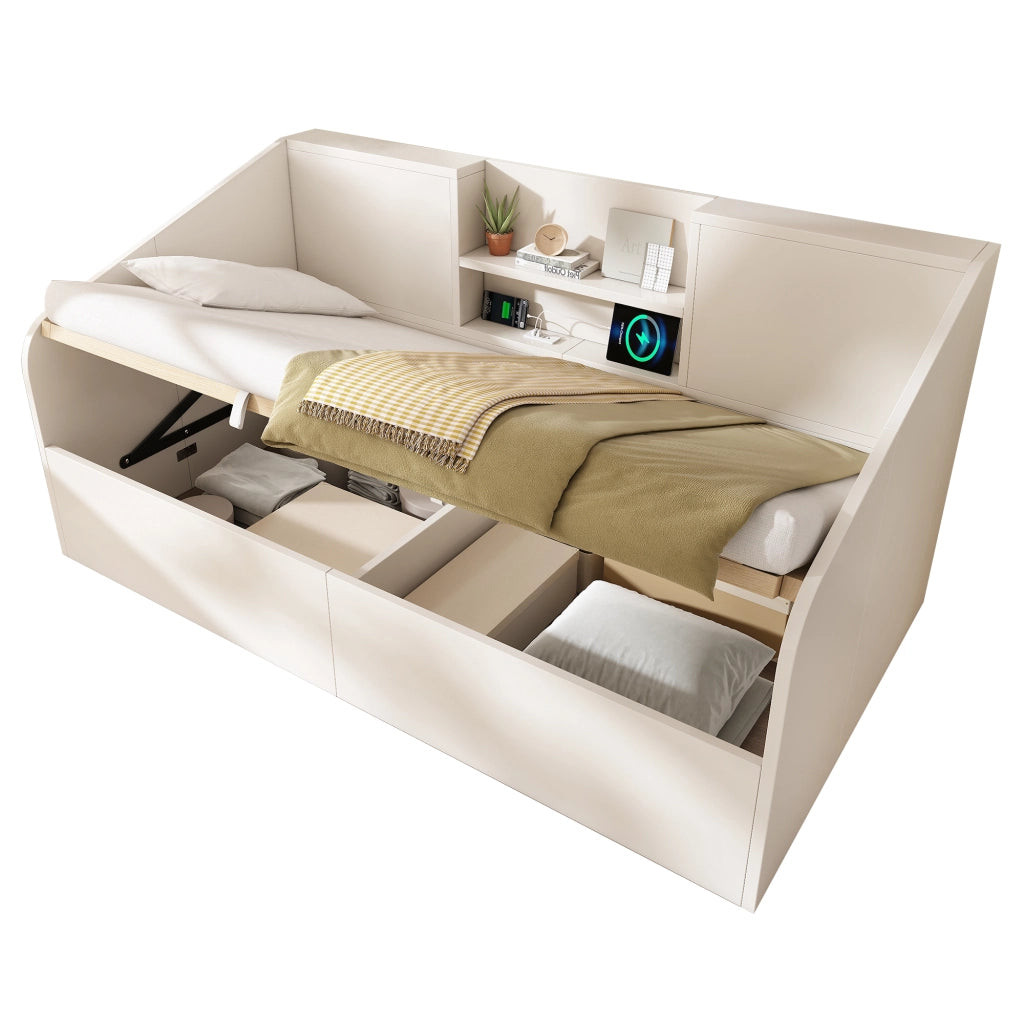 Letto singolo idraulico 90x190 cm bianco con contenitore e stazione USB