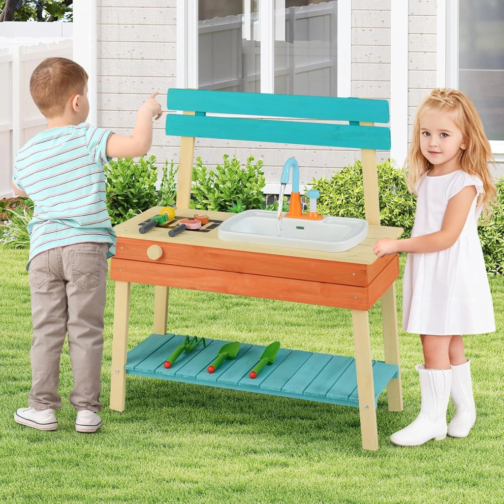 Cucina Giocattolo per Bambini, Cucinatta in Legno con Griglia, Manopola con Suoni, Cibo Giocattoloe e Lavello, Cucina di Fango Interattiva con Accessori da Giardinaggio, per Bambini 3-8 Anni