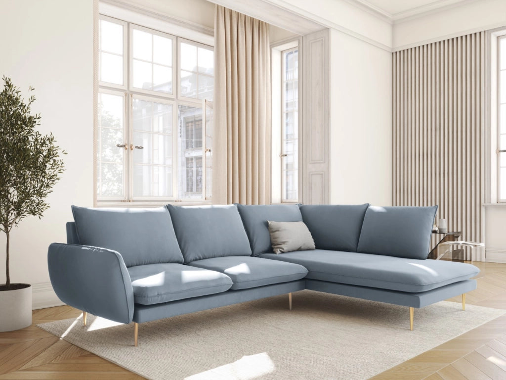 Cosmopolitan Design - Divano angolare destro "Vienna" 6 posti in velluto azzurro 
