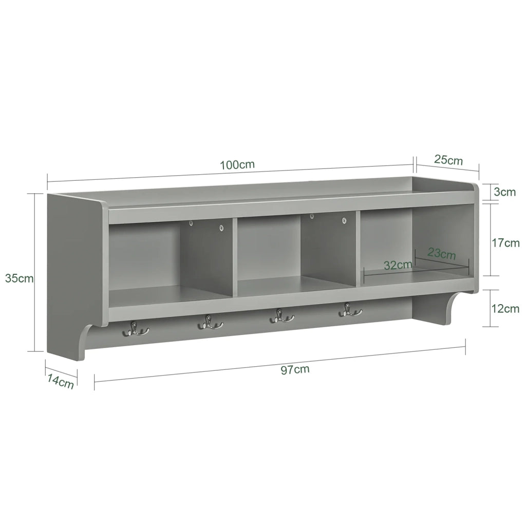 Appendiabiti da parete Appendiabiti da ingresso Mensola pensile con 3 cesti e 4 ganci, grigio chiaro 100x25x35cm FHK28-HG SoBuy