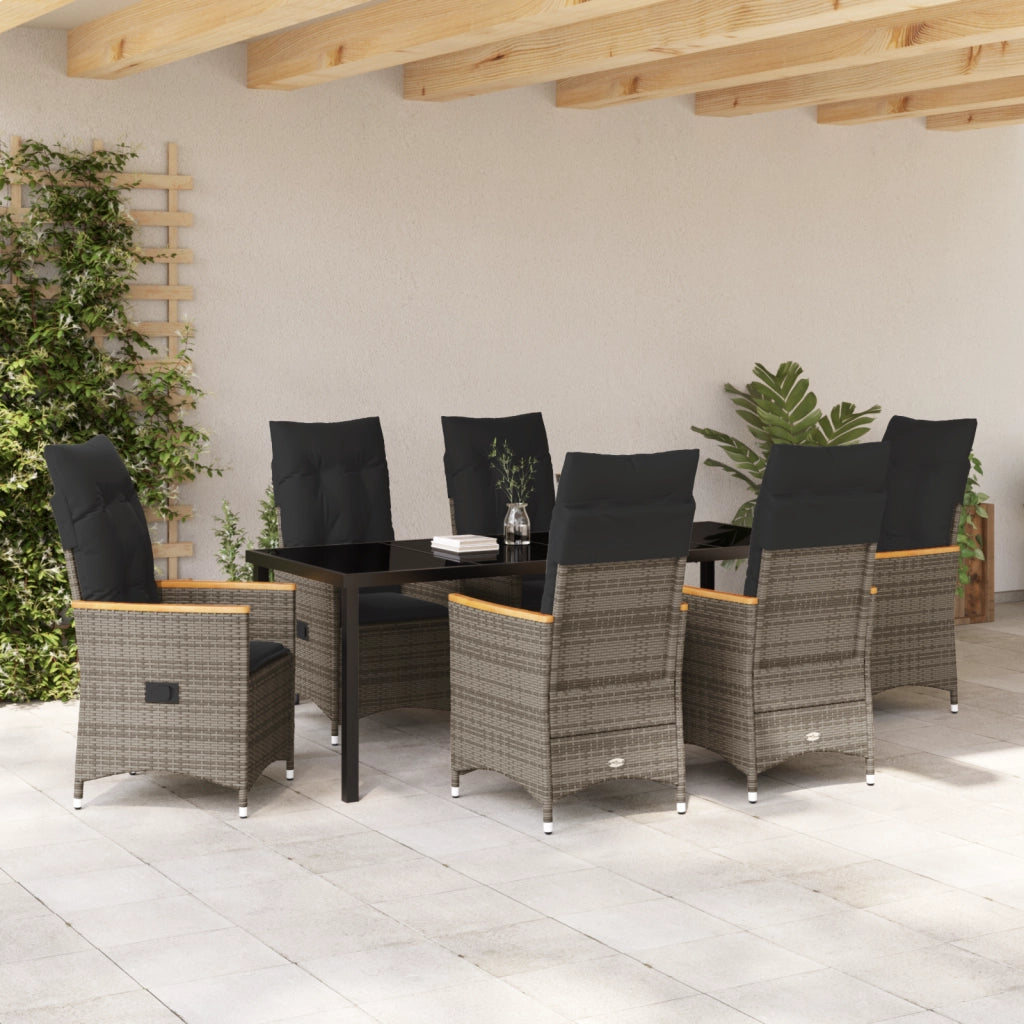 Set da Giardino 7 Pezzi con Cuscini Grigi in Rattan Poliestere