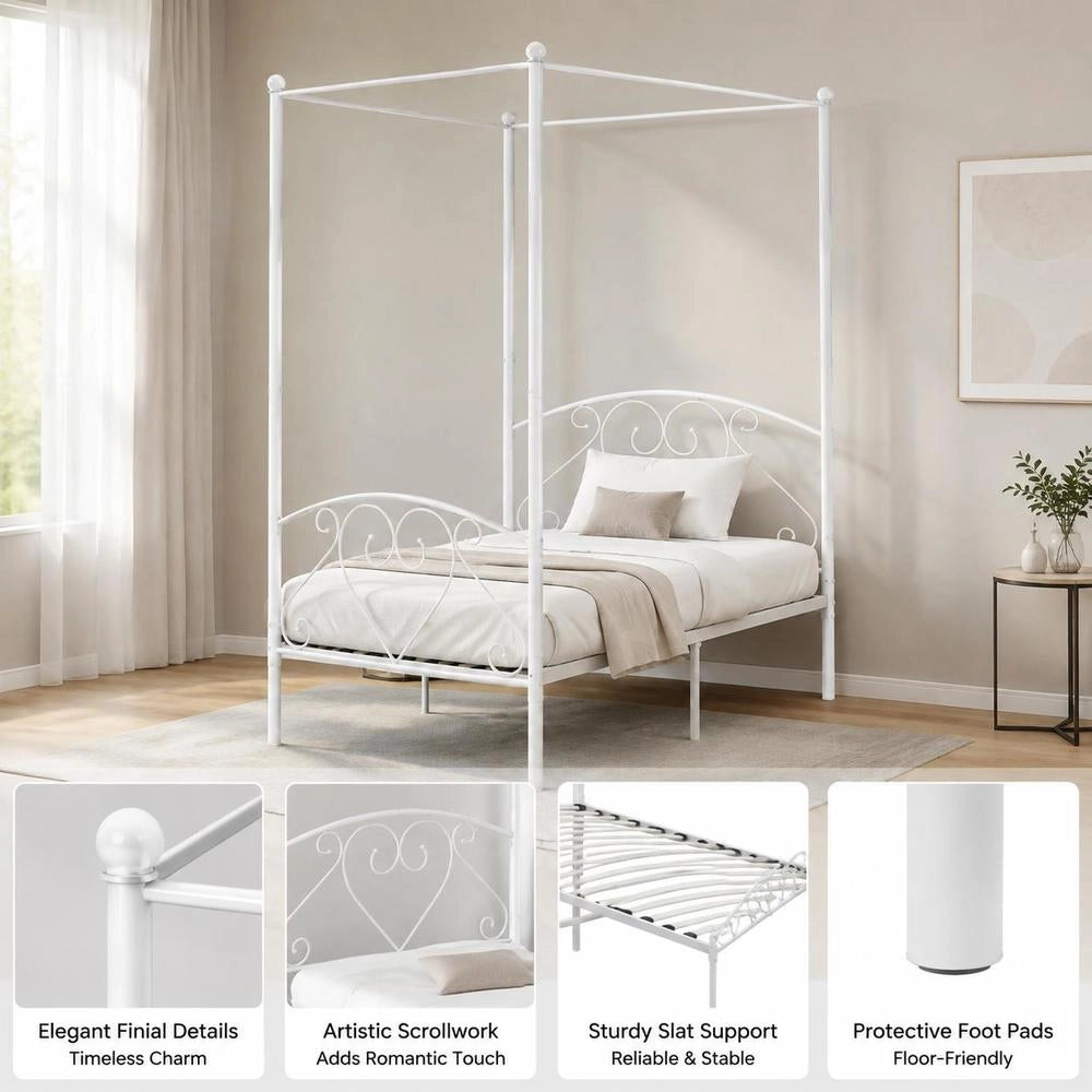 Canopy Bed Frame, White Metal, 120 X 200 Cm