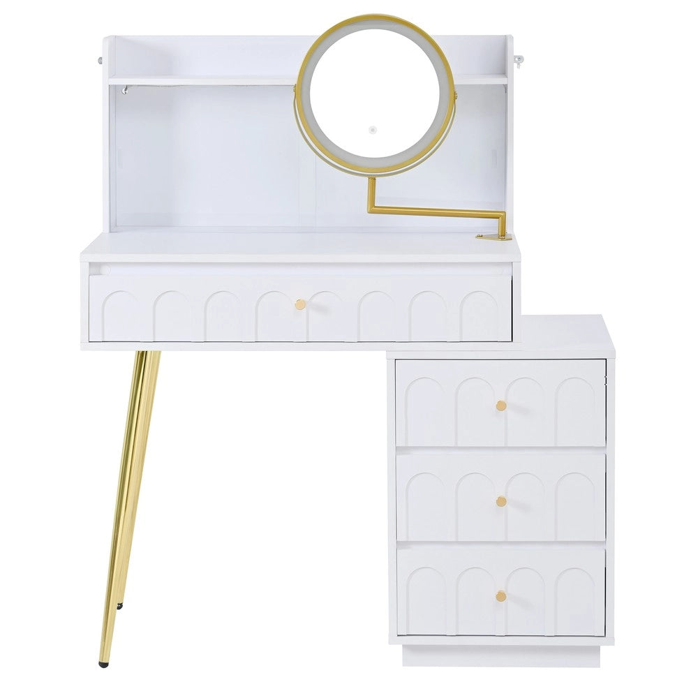 Tavolo Trucco con Specchio LED Girevole e Ante Scorrevoli in Vetro ¨C Xylo ¨C Bianco, 4 Cassetti, 112x40x116 cm