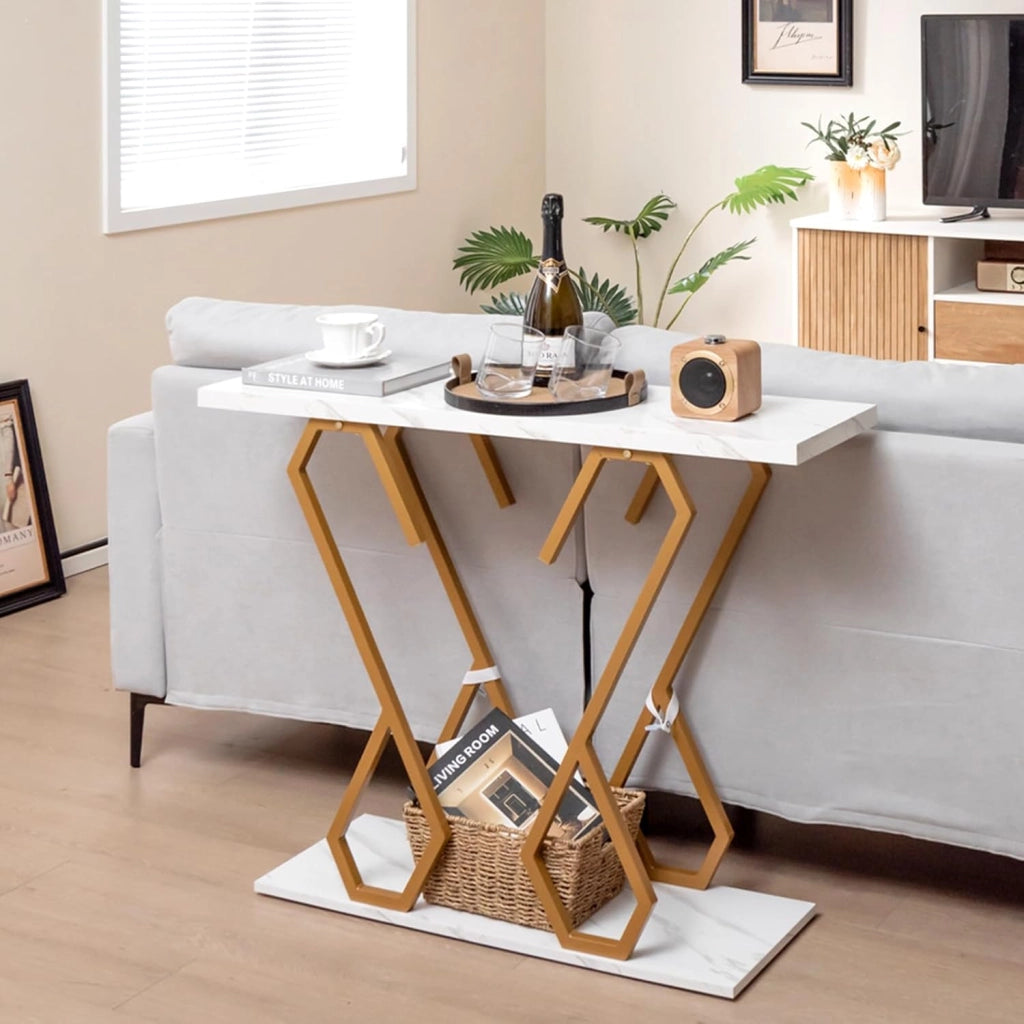 Consolle effetto marmo, tavolo da ingresso tavolo da ingresso struttura in metallo a forma di farfalla, tavolino stretto tavolino da caffè con 2 ripiani, credenza lunga, credenza da tavolo
