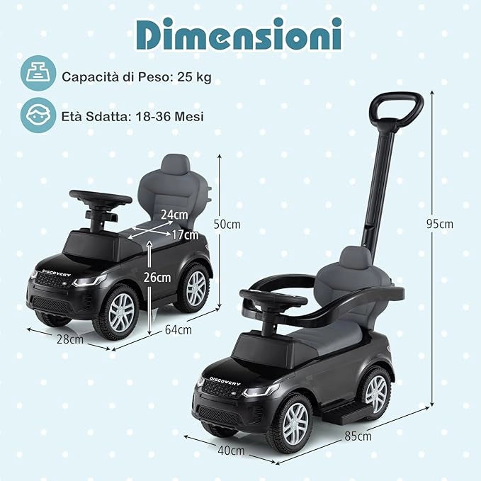 3 in 1 Auto a Spinta, Macchinina a Pedale con Manico Removibile e Paracolpi, Clacson e Suodo di Avvio, Macchina Cavalcabile per Bambini 18-36 Mesi (Nero)