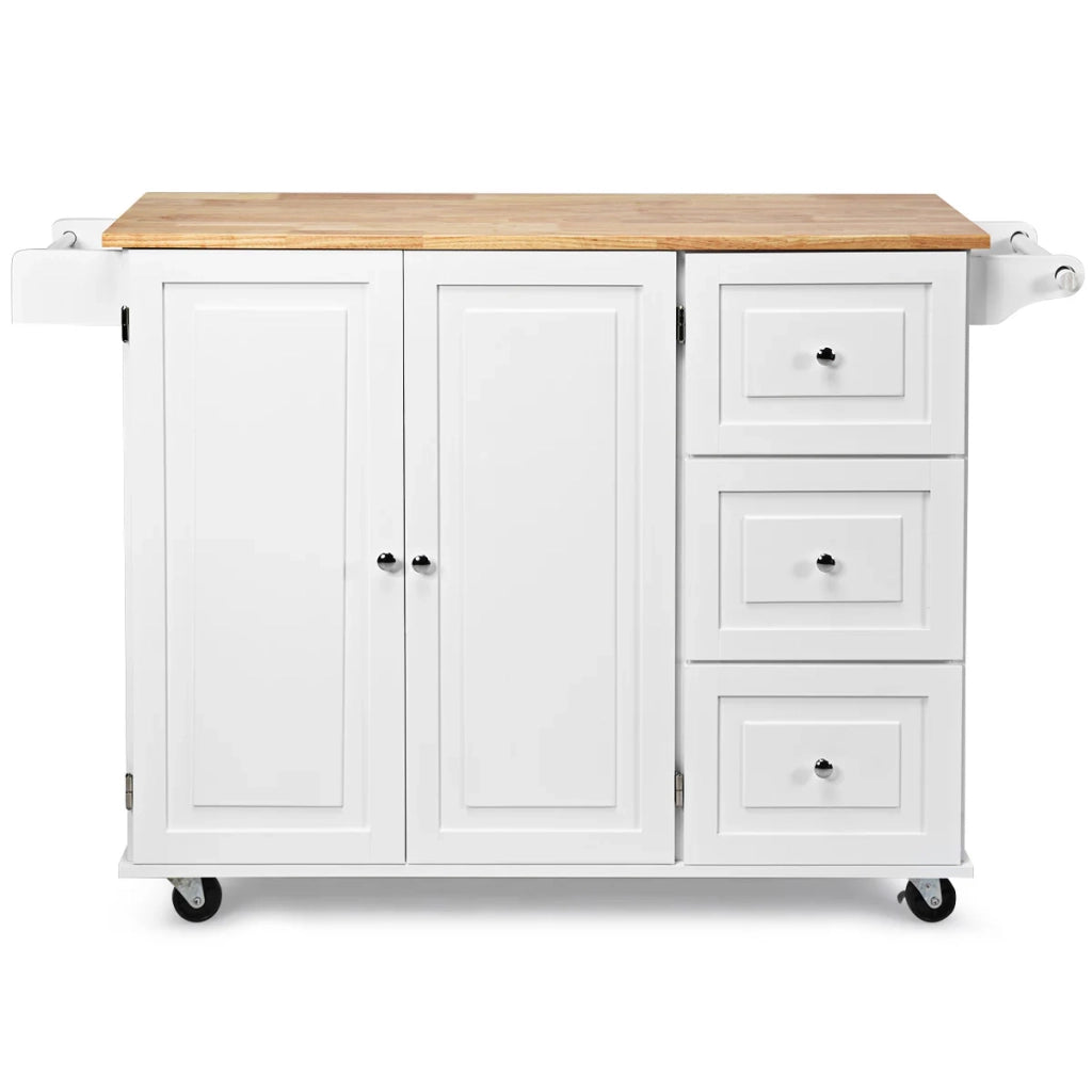Carrello da cucina su ruote 136 x 76 x 91 cm con pratico vano portaoggetti e piano di lavoro ribaltabile in MDF bianco 20_0011650
