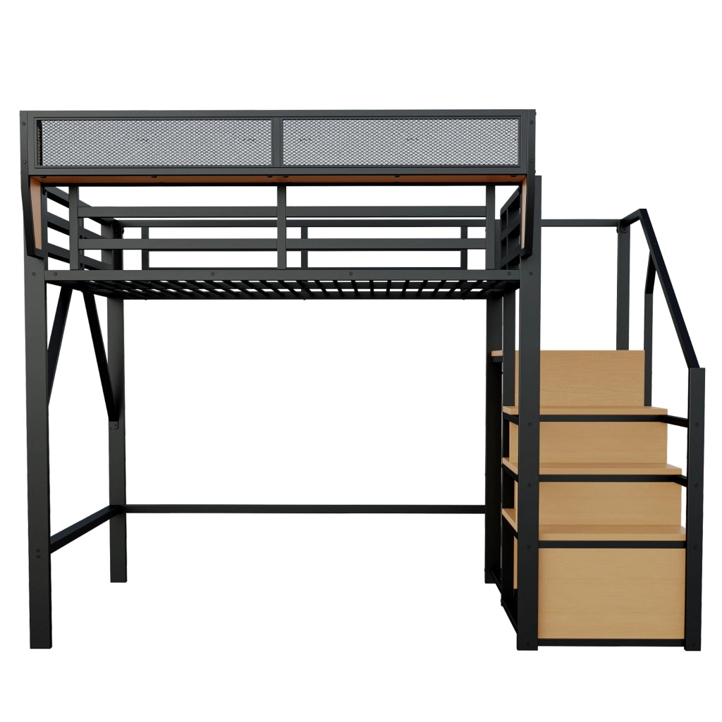OKWISH Letto a Soppalco 140×200 cm, Letto Matrimoniale con Scala di Sicurezza, Mensola Regolabile e Spazio Libero 140 cm, senza Materasso, Nero